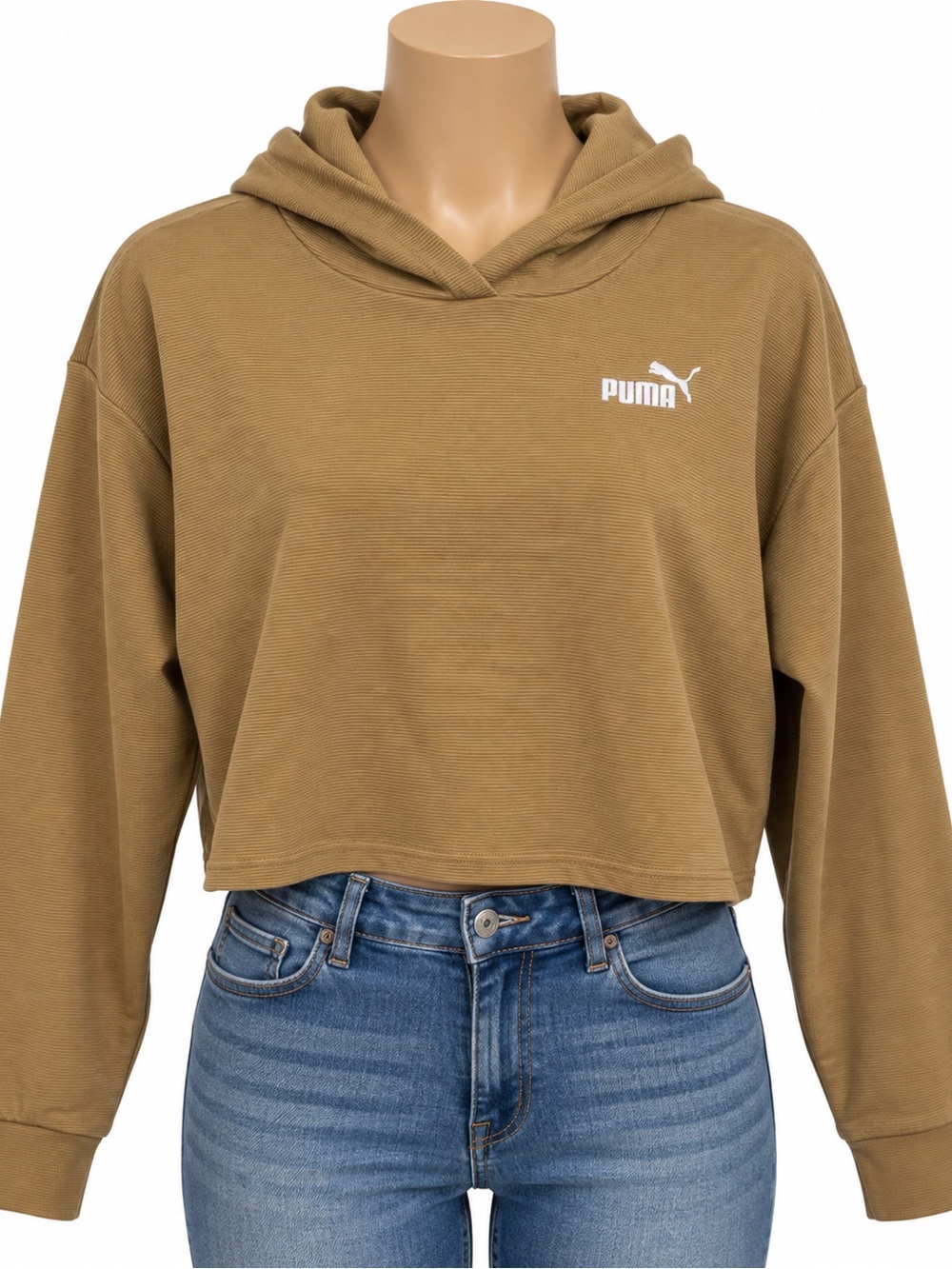 PUMA Womens Small Tan Cropped Hoodie Ribbed Pullover Logo Sweatshirt